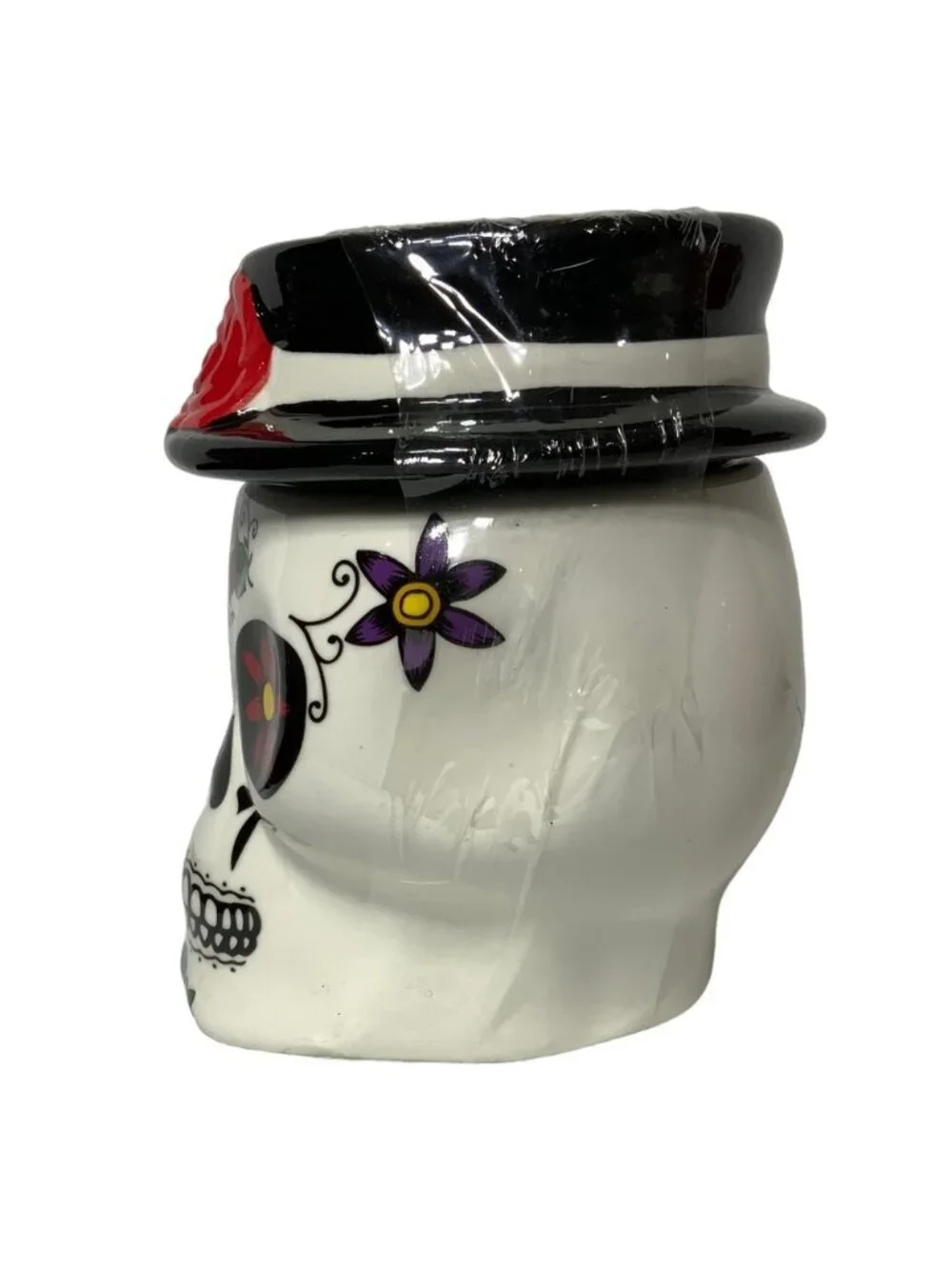 Canister Jar Sugar Skull Ceramic Hand Painted With Lid Colorful Multicolor White